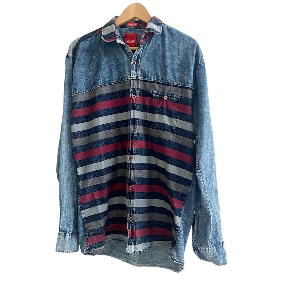 Hard Rock Muscle Fit Button Down Shirt Y2K Striped Acid Wash Size XL Patriot